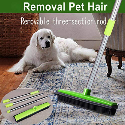 Telescopic Rubber Broom with Squeegee, Multifunction Adjustable Pet Hair Removal Carpet Rake for Fluff Rug Hardwood Floor (Green) - color: Green