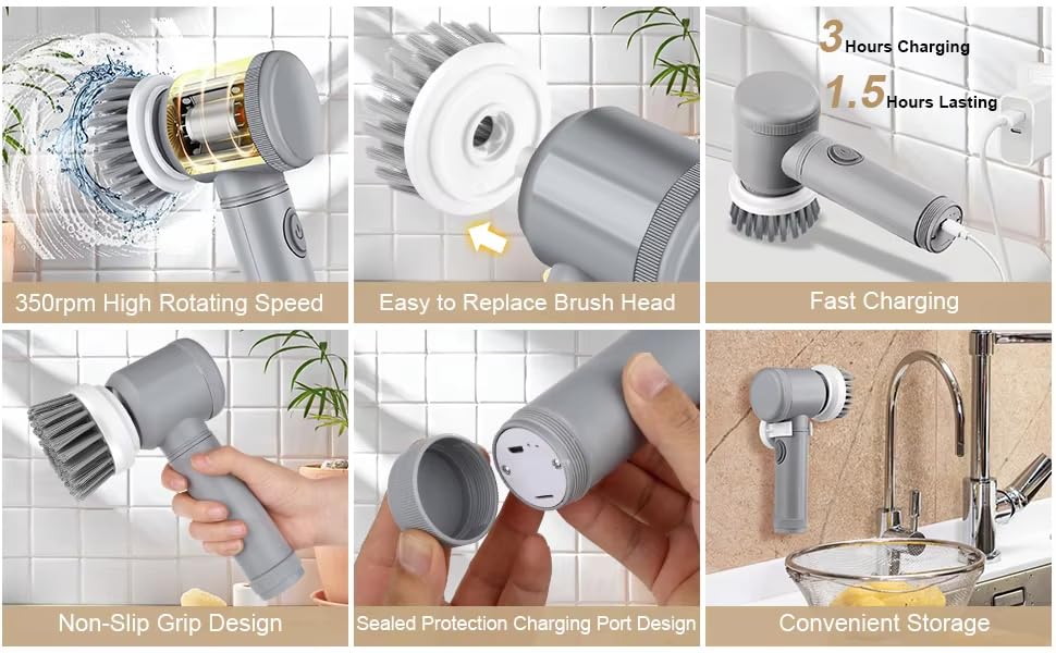Electric Spin Scrubber, Cordless Bathroom Cleaning Brush IPX6 Waterproof with 6 Replaceable Heads, Power Scrubber for Bathtub, Tiles, Car Wash, Kitchen & Multi-Surface Home Cleaning