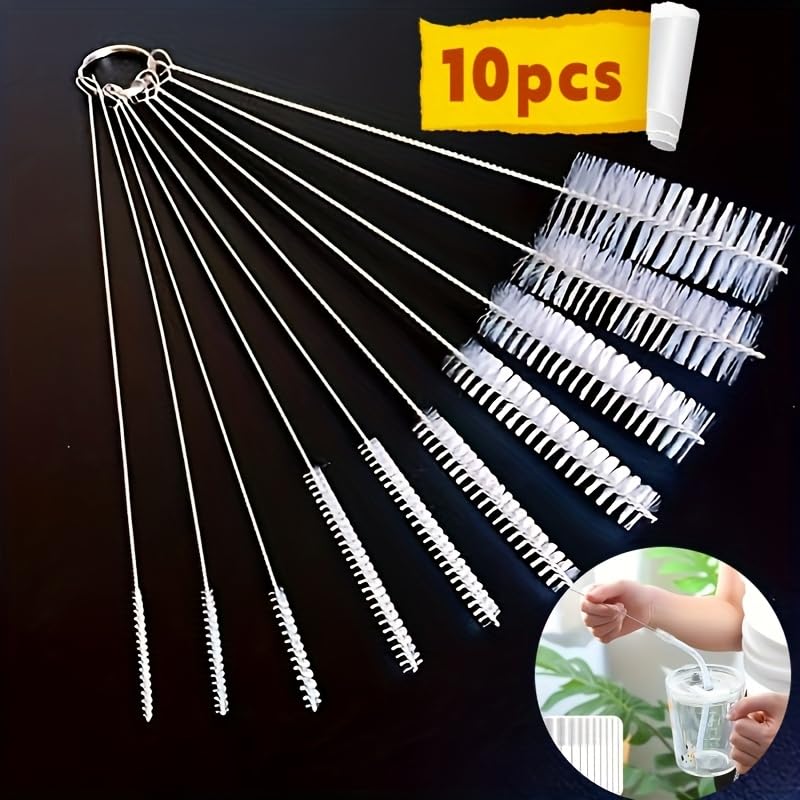 10-Piece Straw Cleaning Brush Set - Stainless Steel Handle & Soft Bristles, Multi-Size Brushes for Glass/Silicone/Metal Tubes, Cups, Bottles, Test Tubes & Mini Containers