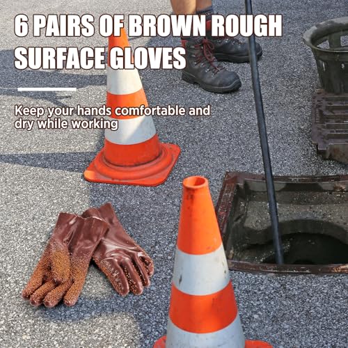 Teenyyou 6 Pairs Sewer Snake Gloves Non Slip and Reusable PVC Sewer Abrasion Resistant Drain Cleaning Waterproof Safety Plumbing Snake Gloves for Men Women Plumber Tools (Brown,Regular) - color: Brown, size: Standard