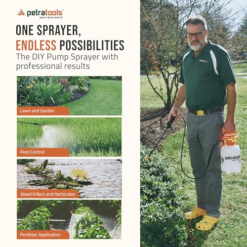 Petratools 1 Gallon Pump Sprayer – HD101 Garden Sprayer for Weeds, Lawn Care & Pesticides – 52” Long Hose, 2 Nozzles & Easy Carry Handle – Durable & Lightweight - size: 1 Gallon