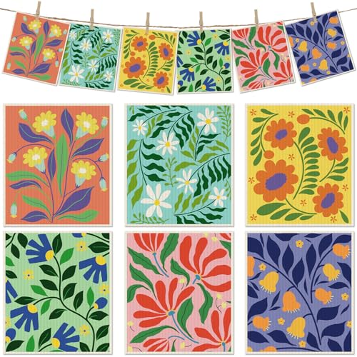 6 Packs Swedish Paper Cloths for Kitchen, Reusable Paper Towels Washable Dish Rags, Highly Absorbent Kitchen Towels Quick Drying Swedish Sponge Cleaning Dish Cloths(Bright Abstract Floral) - color: Bright Abstract Floral