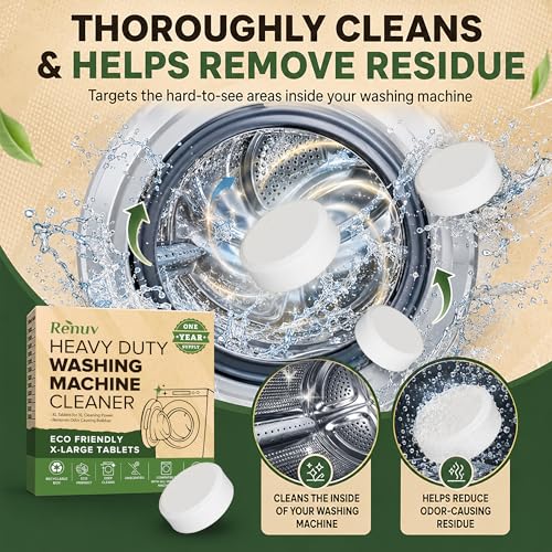Renuv® Heavy Duty Washing Machine Cleaner & Descaler, 12 XL Tablets | Deep Cleaning Tablets Remove Residue, Grime Buildup, Front Load or Top Load Washer, HE and Septic Safe, 1 Year Supply - style: 12 XL Tablets (1 Year)