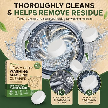 Renuv® Heavy Duty Washing Machine Cleaner & Descaler, 12 XL Tablets | Deep Cleaning Tablets Remove Residue, Grime Buildup, Front Load or Top Load Washer, HE and Septic Safe, 1 Year Supply - style: 12 XL Tablets (1 Year)