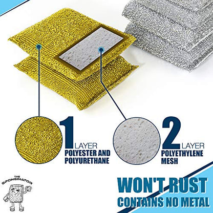 SPONGENATOR Kitchen Scrubbing Sponges - Heavy Duty Non-Scratch Scrubbing Cleaner Sponges in 2 Colors - Multi-Surface Non-Metal Dish Scouring Scrubbers for Fast Cleaning (Gold & Silver, 12)