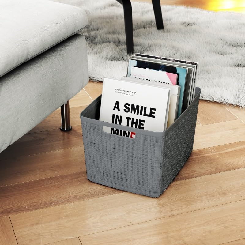 Large Gray Plastic Decorative Storage Basket, 14 in x 11 in x 9 in