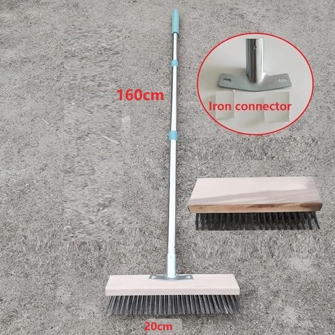 Heavy Duty Wire Broom with Telescopic Handle(63IN), Stiff Metal Brush Deck Scrub Brush Long Handle Tile Deck Cleaning Tool Scrub Brush for Cleaning Moss Grout Garden Garage (with 20CM Broom Head) - size: with 20CM Broom Head