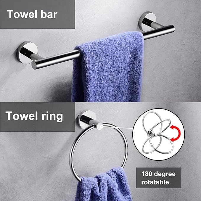 10 Pieces Polished Chrome Bathroom Hardware Accessories Set,Hand Towel Ring,16 inch Towel Bar,Toilet Paper Holder,4pcsTowel Hooks,Round SUS304 Stainless Steel Heavy Duty Wall Mount Holder,Towel Rack - color: Polished Chrome, size: 10 piece 16"
