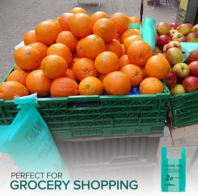 Stock Your Home Eco Grocery Bags Disposable T-Shirt Thank You Bag with Handles for Supermarket, Groceries, Produce, Shopping - style: 100 Count