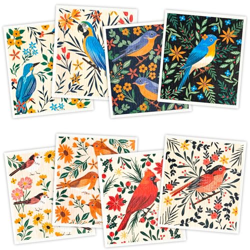 Swedish Dishcloths for Kitchen, 8 Pack Reusable Paper Towels Washable, Super Absorbent Kitchen Towels, No Odor, Biodegradable, Quick Drying, Dishwasher Safe - color: 8 Count- Flowers and Birds