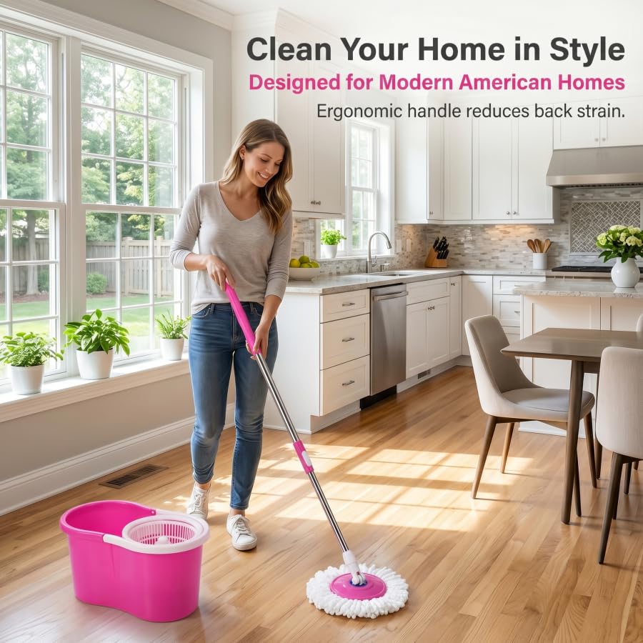 Universal Spin Mop and Bucket Set, 360° Rotating Self-Wringing Floor Cleaner, Microfiber Mop Head, Hands-Free Wringing, Pink