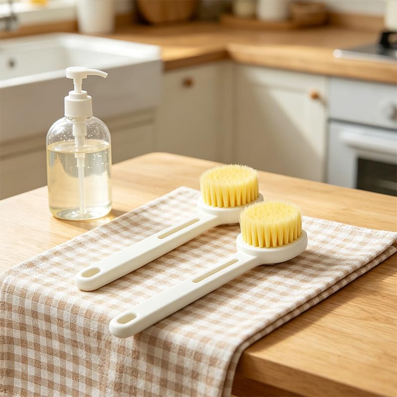 2 Pack Dish Brush with Handle, Stiff Bristles Dish Scrubber, Labor-Saving Kitchen Brush for Dishes, Pots, Pans and Sink Cleaning(White) - color: White