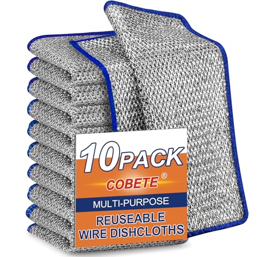 COBETE Non Scratch Wire Dishcloth,Double-Layer Wire Dishwashing Rags for Wet and Dry,Wire Miracle Cleaning Towels and dish Cloths Multipurpose For Washing Dishes,Cookware, Sinks,Stove Tops,10Pack Blue - color: Silver (Blue Border) (10 Pack)