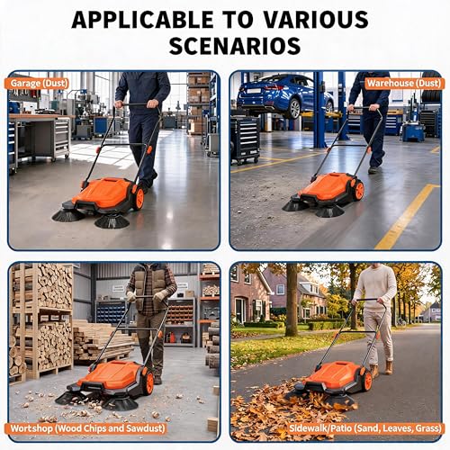 GarveeTech 25.6 in Walk-Behind Hand Push Floor Sweeper, 5 Gallon Capacity, Manual Outdoor Push Sweeper with Adjustable Folding Handle for Warehouses, Workshop, Garages