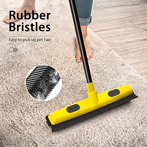 Rubber Broom with Squeegee, Carpet Rake for Pet Hair Removal 54 Inches Long Handle, Fur Remover, Portable Detailing Lint Brush for Fluff Carpet, Window, Tile, Hardwood Floor