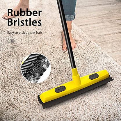 Rubber Broom with Squeegee, Carpet Rake for Pet Hair Removal 54 Inches Long Handle, Fur Remover, Portable Detailing Lint Brush for Fluff Carpet, Window, Tile, Hardwood Floor