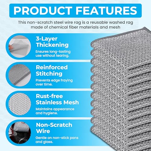 11 PCS Upgraded 3-Layer Non-Scratch Wire Dishcloths – Steel Wire Dish Cloths for Kitchen, Dish Towels & Wire Dishwashing Rags – Reusable Wire Rags for Cleaning Cookware, Dishes, Sinks – 8.66” x 8.66”