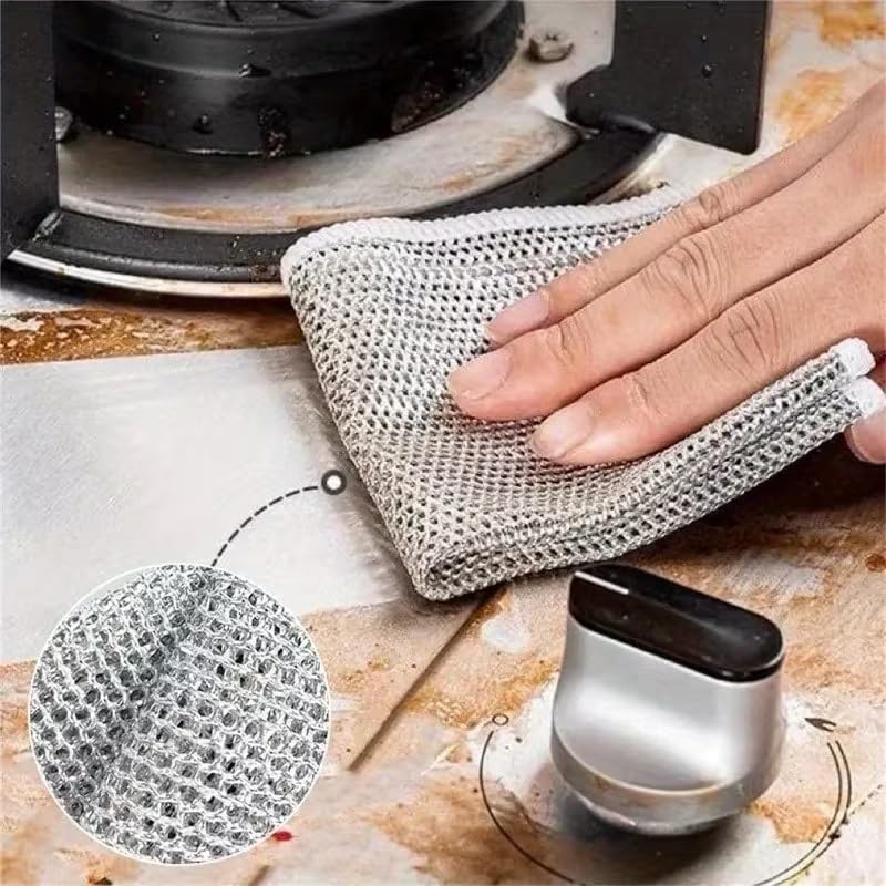 5-Piece Gray Multi-Purpose Wet and Dry Wire Dish Cloths, Double-Thickness Steel Scouring Pads for Home Kitchen and Cooktop Cleaning