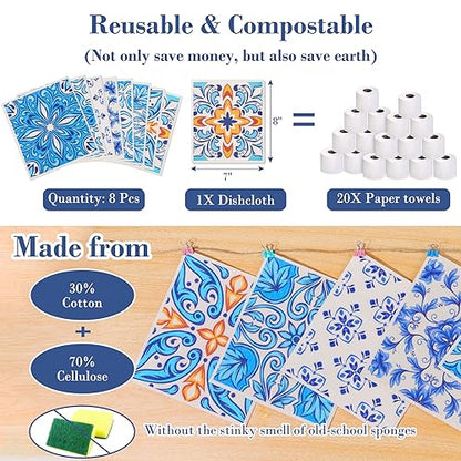 Lucomb 8 Pack Swedish Dish Cloths for Kitchen Reusable, Cellulose Sponge Cloths Swedish Dish Rags Washable Paper Towels Cloth Quick Dry Non-Scratch for Washing Dishes Home Counter Wipe - color: Geometric Pattern