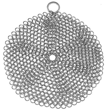 TOPULORS 316 Stainless Steel Cast Iron Skillet Cleaner Scraper Chain Link Chainmail Scrubber for Cast Iron Pans, Pre-Seasoned Pans, Griddle Pans, BBQ Grills, and More Pot Cookware-Round 7 in Diameter - size: Round - 7 inches diameter
