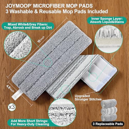 JOYMOOP Flat Mop System, Microfiber Mop and Bucket Set, Green, Commercial & Household Floor Cleaning Mop with Long Handle, Includes 3 Reusable 15" Pads - color: Green Max531