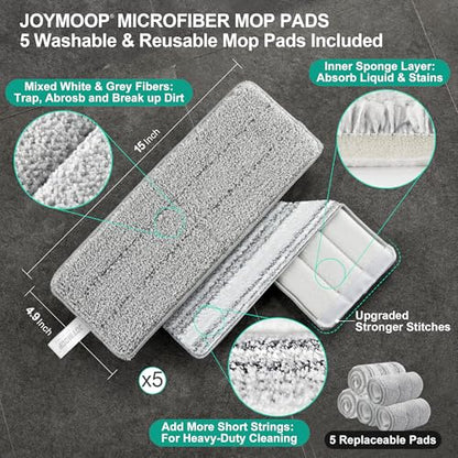 JOYMOOP Flat Mop System, Microfiber Mop and Bucket Set, White, Hands-Free Floor Cleaning Mop for Household & Commercial Use, Wet and Dry Cleaning, Includes 3 Washable Pads - color: White Max551