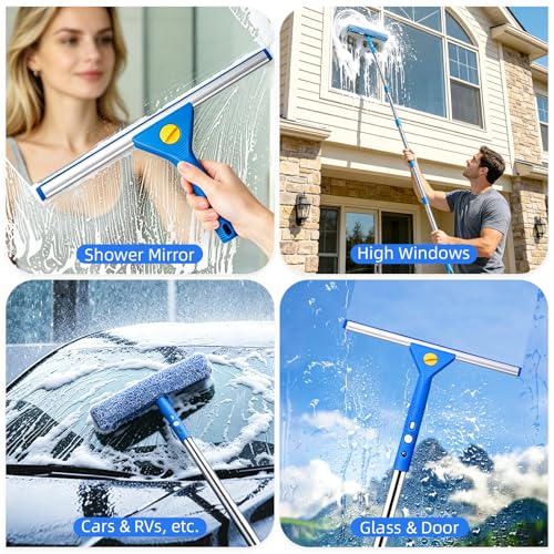 Window Cleaning Kit with 3 Gal Bucket - 14'' Window Squeegee&15'' Scrubber&76'' Long Handle Window Cleaner Tool, Professional Windows Washing Equipment for Home, Commercial Use, Outdoor, Car