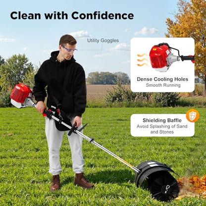 2-Stroke 1700W Gas Power Snow Sweeping Broom,52cc Handheld Sweeper,Single Cylinder Walk Behind Handheld Sweeper,Cleaning Driveway Turf Lawns Power Brush Lawn Sweeper Cleaner Tools