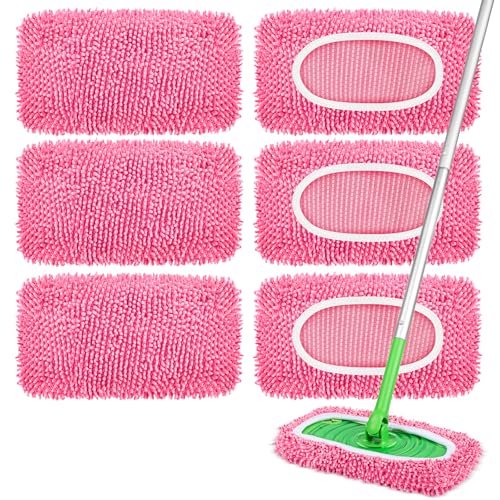 6 Pack Reusable Mop Pads Compatible with Swiffer Sweeper, Dry Sweeping Cloths & Wet Mopping Cloths - Microfiber Mop Pads for Hardwood Floors, Floor Cleaning, Wood Floors (Pink) - color: Pink-6 Pack