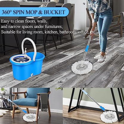 Spin Mop and Bucket Set, Mop and Bucket with Wringer Set, 360°Spin Mop Kit with 2 Extra Microfiber Mop Replacement Heads, Spinning Mop Bucket System for Floor Cleaning (Blue) - color: Blue