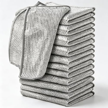 12 Pack Silver Metal Mesh Dish Washing Cloths, Tightly Woven Scrubber Pads for Kitchen Cleaning, Reusable Wire Rags for Pots Pans and Cookware, 20cm Square Size
