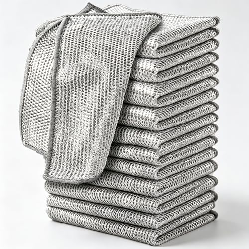 12 Pack Silver Metal Mesh Dish Washing Cloths, Tightly Woven Scrubber Pads for Kitchen Cleaning, Reusable Wire Rags for Pots Pans and Cookware, 20cm Square Size