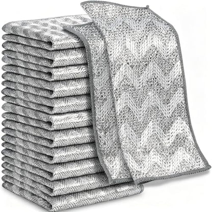 12 Pack Dish Cloth, 3-Layer Non Scratch & Odor Steel Wool Scrubber | Reusable & Multipurpose for Wet & Dry Cleaning | Safe for Dishes, Sinks, Stove Tops & Nonstick Cookware
