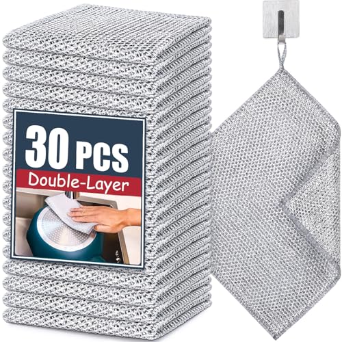 Navona 30 Pcs New Upgrade Steel Wire Dishcloth,Double-Layer Steel Wire Cleaning Cloth,Powerful Cleaning Non-Scratch Wire Dishcloth Rag for Cookware, Sinks, Dishes, Stove Tops - color: 30-pack（double Layer）