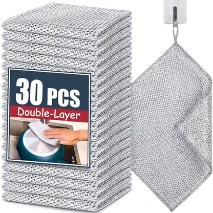 Navona 30 Pcs New Upgrade Steel Wire Dishcloth,Double-Layer Steel Wire Cleaning Cloth,Powerful Cleaning Non-Scratch Wire Dishcloth Rag for Cookware, Sinks, Dishes, Stove Tops - color: 30-pack（double Layer）