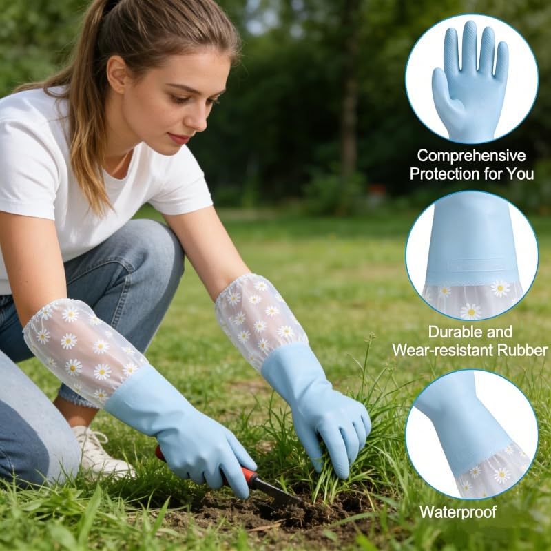 Dishwashing Cleaning Gloves, Reusable Rubber Glove with Long Elastic Cuffs for Chores - color: Blue