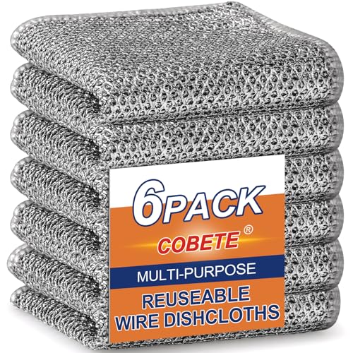 COBETE Non Scratch Wire Dishcloth,Double-Layer Wire Dishwashing Rags for Wet and Dry,Wire Miracle Cleaning Towels and Dish Cloths Multipurpose for Washing Dishes,Cookware, Sinks,Stove Tops,Pack of 6 - color: Silver (6 Pack)