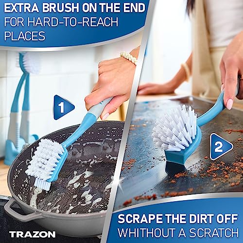 Dish Brush Set of 5 with Convenient Holder, Bottle Water Brush, Dish Scrub Brush, Scrubber Brush and Straw Brush - Kitchen Scrub Brushes Non Slip Long Handle for Sink Dishes Cup Pot - color: Blue, Set of 5 With Holder
