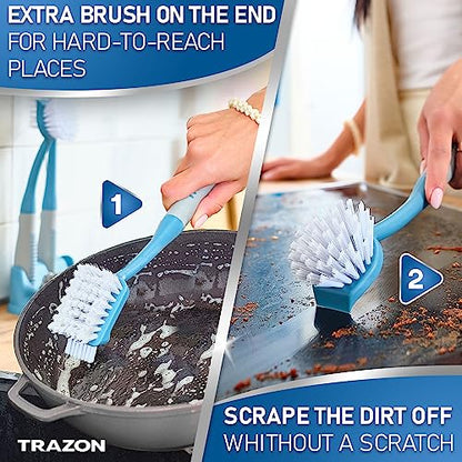 Dish Brush Set of 5 with Convenient Holder, Bottle Water Brush, Dish Scrub Brush, Scrubber Brush and Straw Brush - Kitchen Scrub Brushes Non Slip Long Handle for Sink Dishes Cup Pot - color: Blue, Set of 5 With Holder