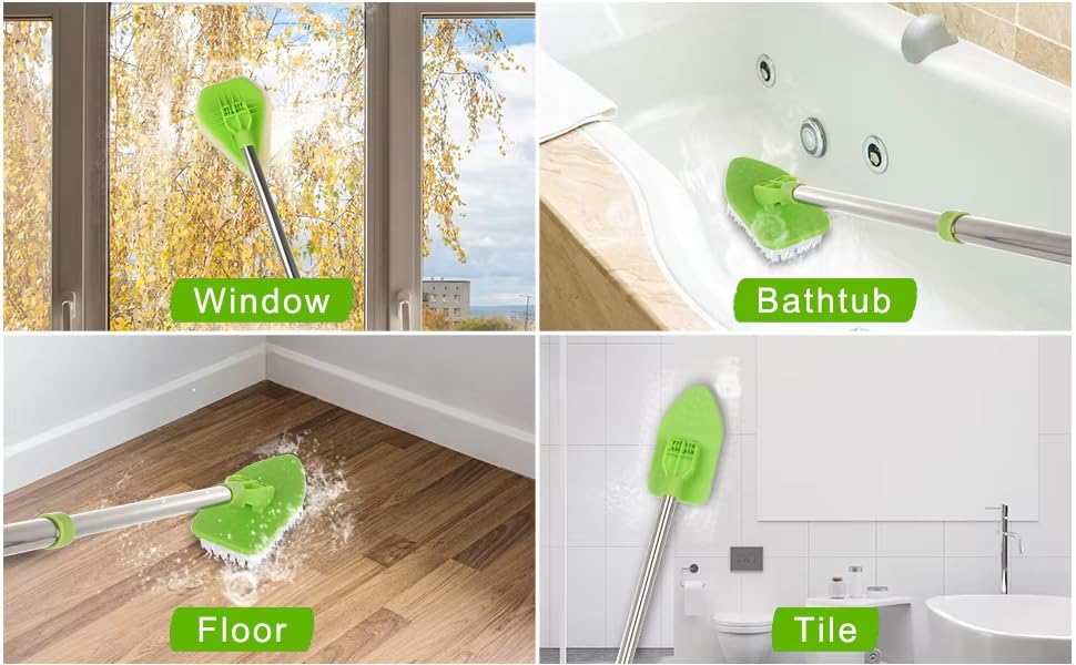 4-in-1 Tile Tub Floor Scrubber with 52-inch Adjustable Long Handle Shower Cleaner Brush with V-Shaped Grout Brush and 3 Replacement Brush Heads for Cleaning Bathroom Kitchen Walls Tub Tile