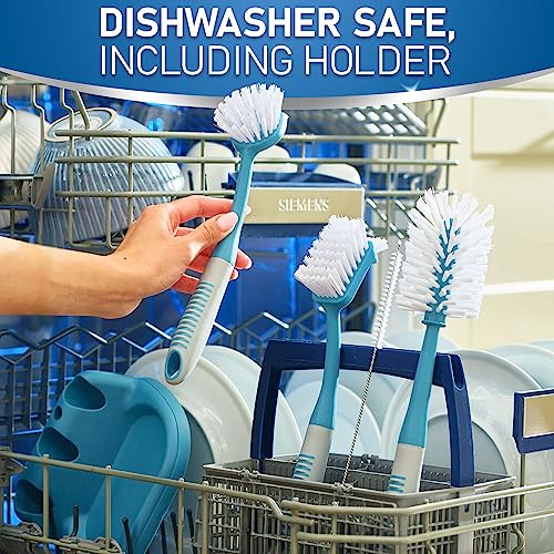Dish Brush Set of 5 with Convenient Holder, Bottle Water Brush, Dish Scrub Brush, Scrubber Brush and Straw Brush - Kitchen Scrub Brushes Non Slip Long Handle for Sink Dishes Cup Pot - color: Blue, Set of 5 With Holder