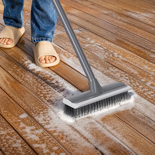 2 in 1 Floor Scrub Brush: Deck Brush with Squeegee - Long Adjustable Handle - 55'' Stiff Bristle Scrape Brush for Deck Patio Garage Shower Bathroom
