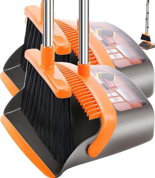 2-Pack is More economical,Upgraded Broom and Dustpan,with 52" Long Handle, Dustpan Teeth with self-Cleaning Function, Indoor and Outdoor Sweeping, Perfect for Home Office (Large Size/Orange /2-Pack) - color: Large Size /Orange /2-pack