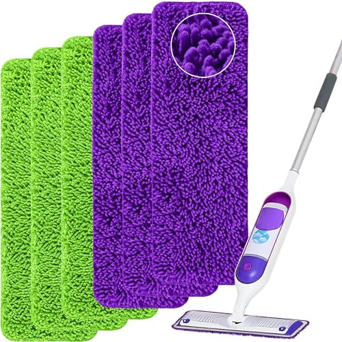 Aifacay Reusable Mop Pads for Swiffer PowerMop, 6 Pack Microfiber Pads Refills for 13''-15'' Spray Mop Washable and Machine Replacement Heads Wet Dry Mops Wood Floor Pads, Upgrade Designed for Pets - color: 6 Pack：purple and Green