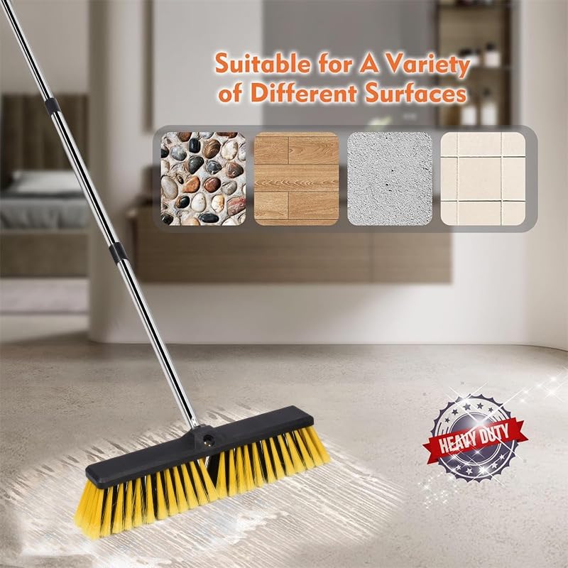 18 Inches Push Broom Outdoor Handle Stiff Bristles Heavy Duty Broom with 61 Long Handle for Cleaning Bathroom Kitchen Deck Driveway Garage Yard TilePatio Concrete Floor Cleaning