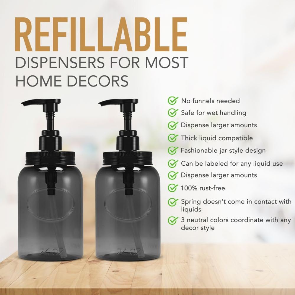 24 oz Wide Mouth Plastic Bottle Dispensers, Gray, Set of 2 | Lotion pumps, easy refills, large capacity - color: 2-gray