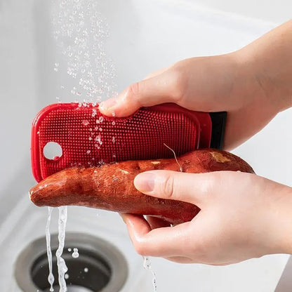 Silicone Dish Scrubber, Vegetable Brush, 2-in-1 Scrubber and Scraper for Fruits, Vegetables and Kitchenware with Dual-Sided Comb&Scraper,Hanging Hole for Easy Storage (Red) - color: Red