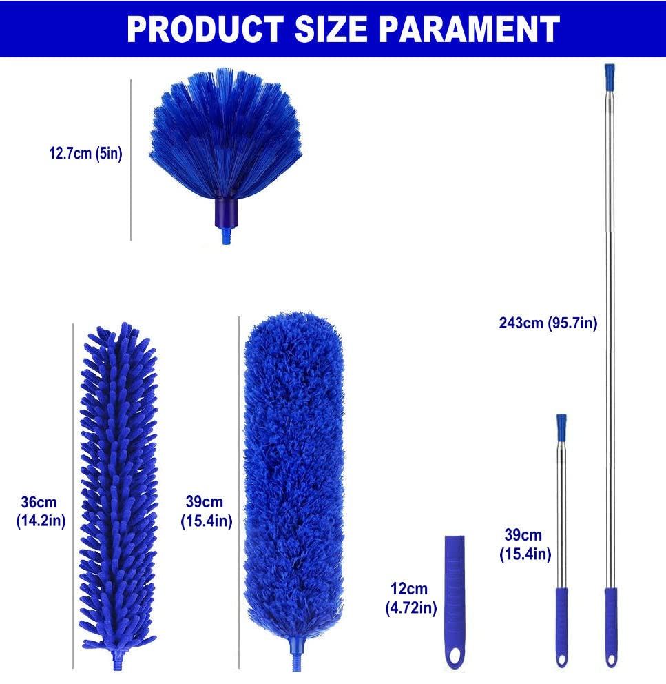 Microfiber Duster Kit High Reach Ceiling Fan Duster with Extendable Pole 100" Telescoping Cobweb Duster for Cleaning, Bendable Head Washable Duster for Ceiling, Fan, Furniture - style: 3PC Duster Kit BLUE