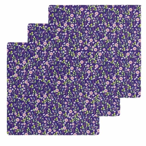 Purple Green Botanical Dish Towels Set, Waffle Weave Kitchen Towels 3 Pieces, Country Watercolor Flower Leaves Microfiber Hair Face Bath Tea Towel Absorbent Quick Drying Cleaning Dish Cloths, 12"x12" - color: Grass Green Light Pink Dark Purple, size: 3PCS