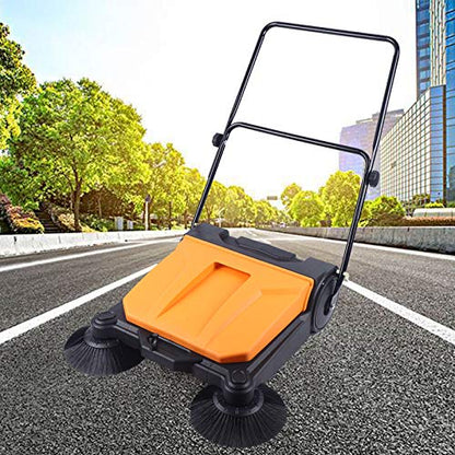 26'' Manual Sweeper Orange Belt 55 Liters Large-Capacity Trash Can Double Push Commercial Sweeper Floor Broom Cleaner SuitableRoads Chicken Farms Stations Airports